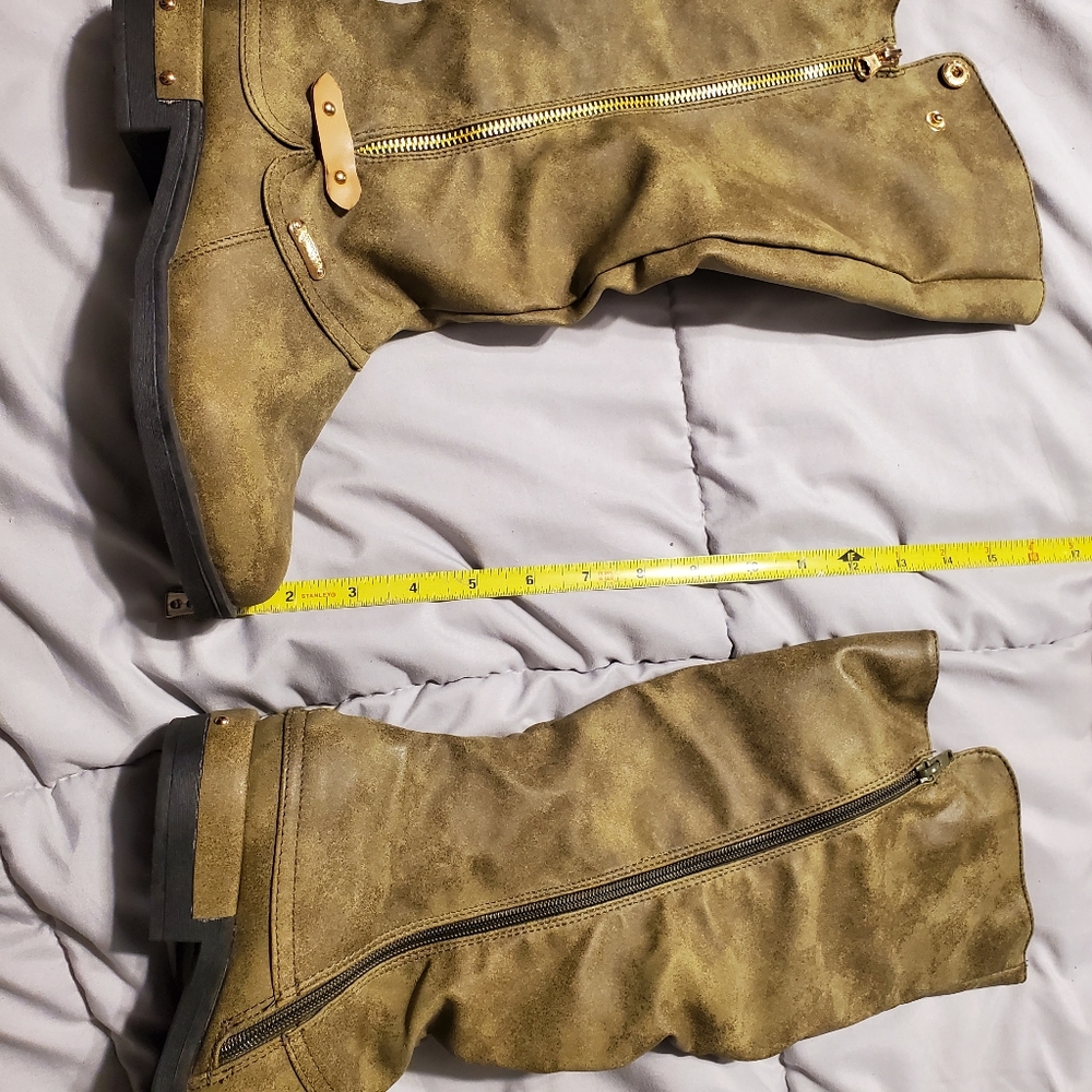 Green slouch boots.